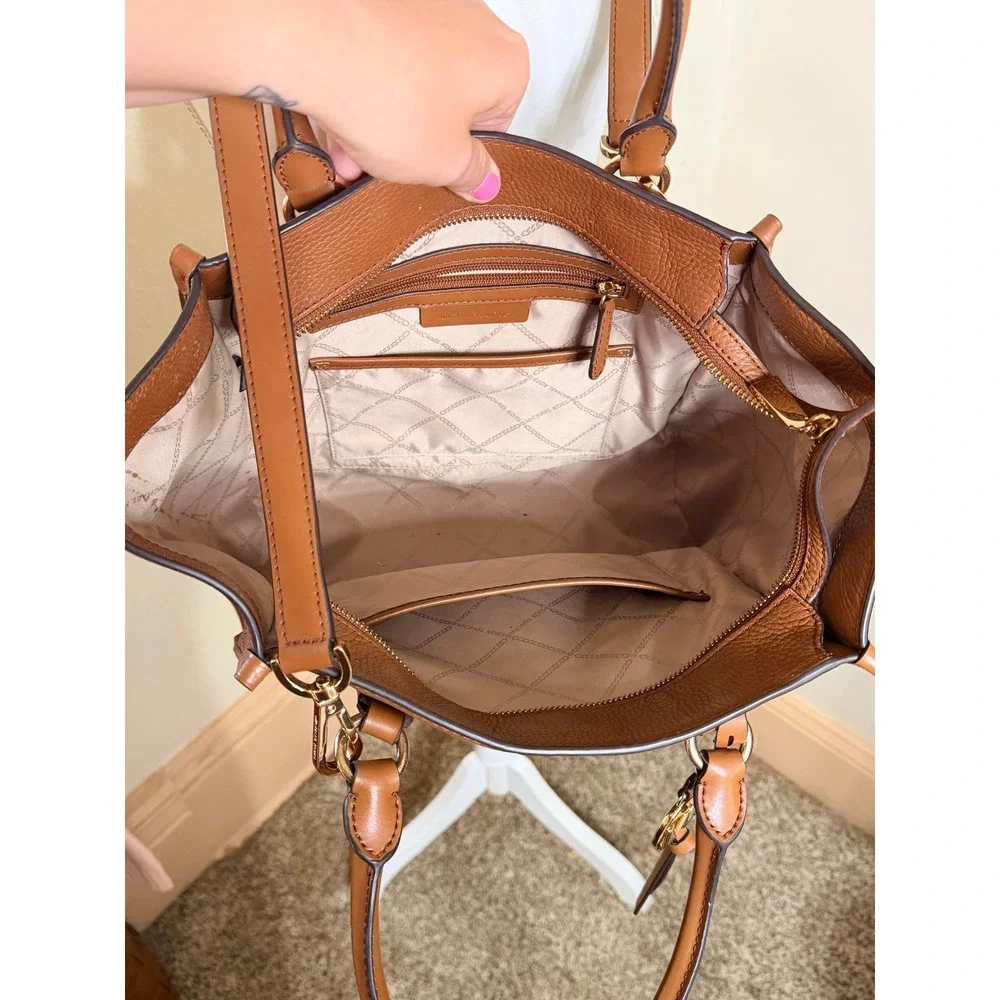 Michael Kors Pebbled Leather Satchel Bag Luggage Brown Gold Tone Hardware